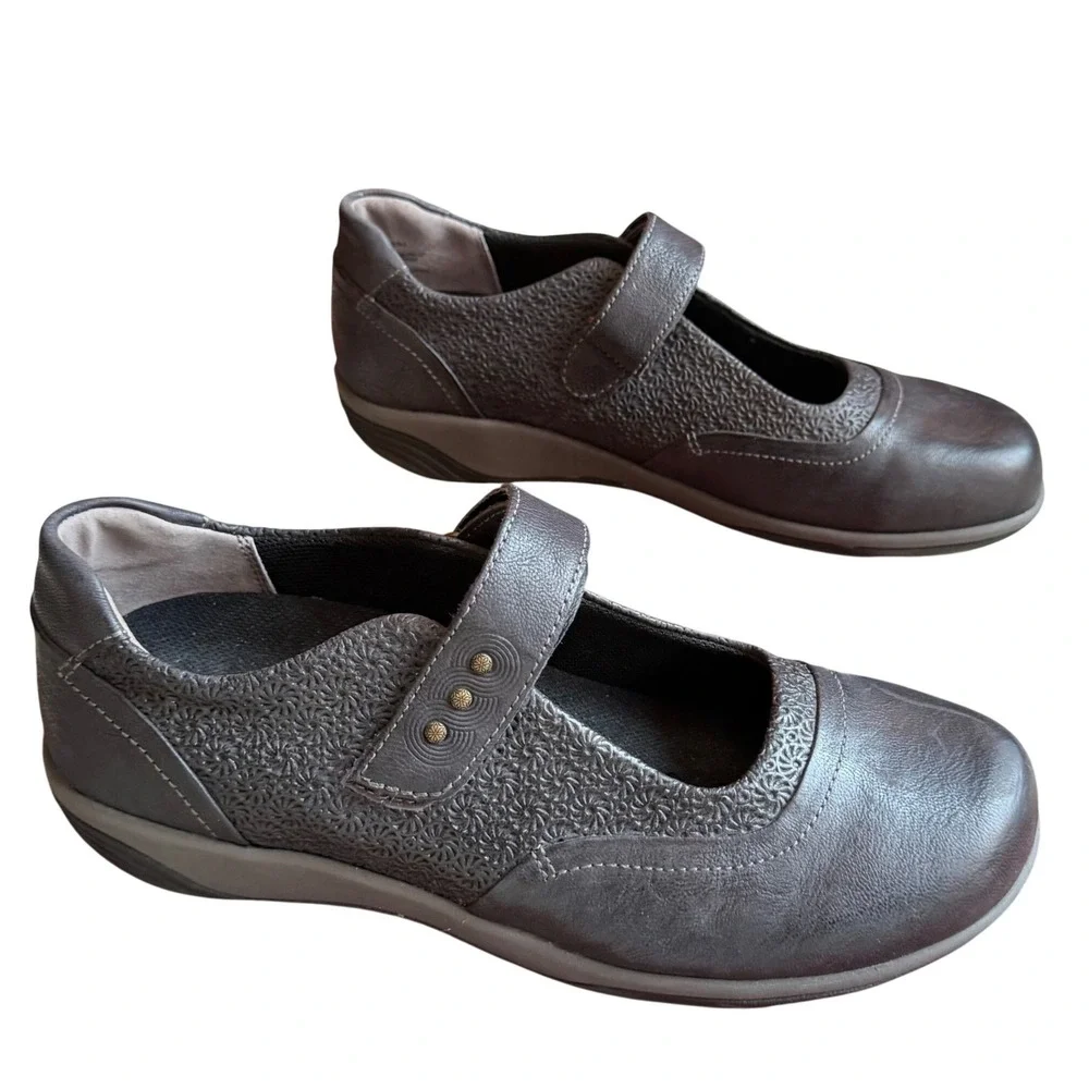 Halsa Aloe Embossed Mary Jane Comfort Shoes Womens 11W Black Leather Soft Casual